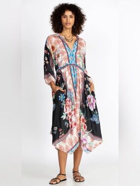 Johnny Was Multicolor Floral Patchwork Silk Handkerchief-Hem Dress